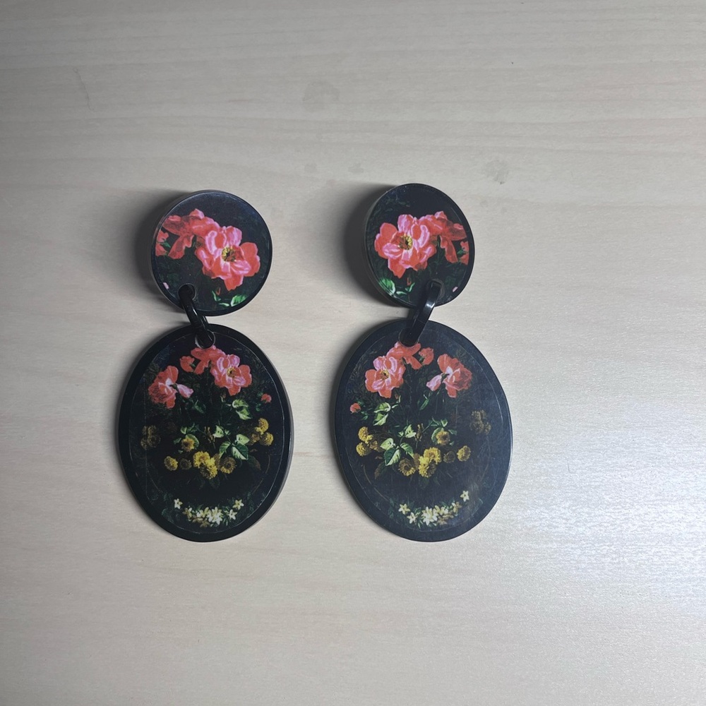 Floral Drop Earrings — Black Base with Pink & Yellow Flowers